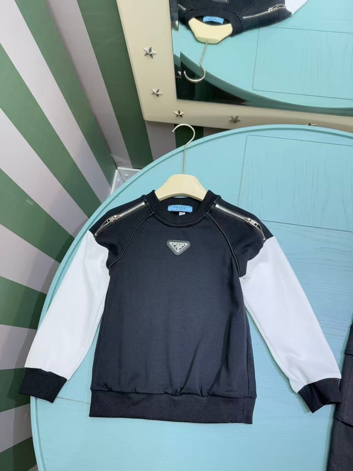 Prada Kids Boys Sweatshirt Tracksuit Set – 2025SS – Kids Collection in Black Body White Sleeves