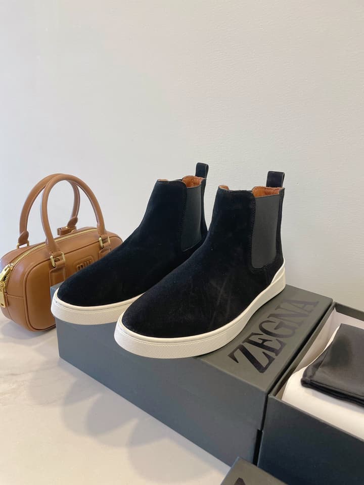 Zegna COUTURE Triple Stitch Leather Sneakers in Black Suede With Dark Sole