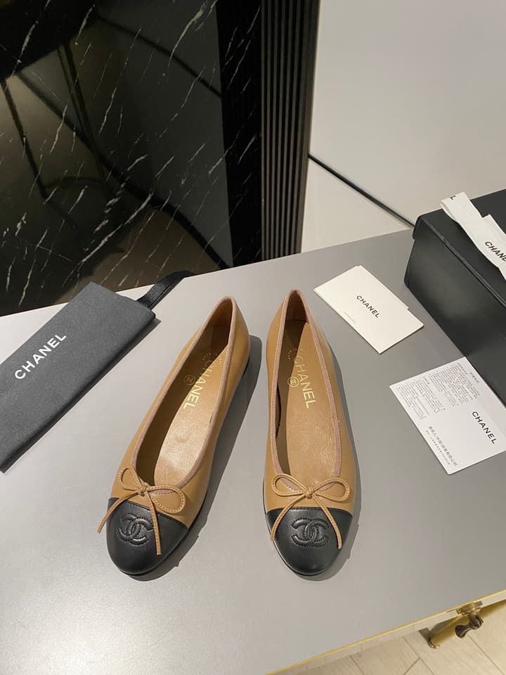 Chanel Classic Ballet Flats in Tan With Black Cap Toe