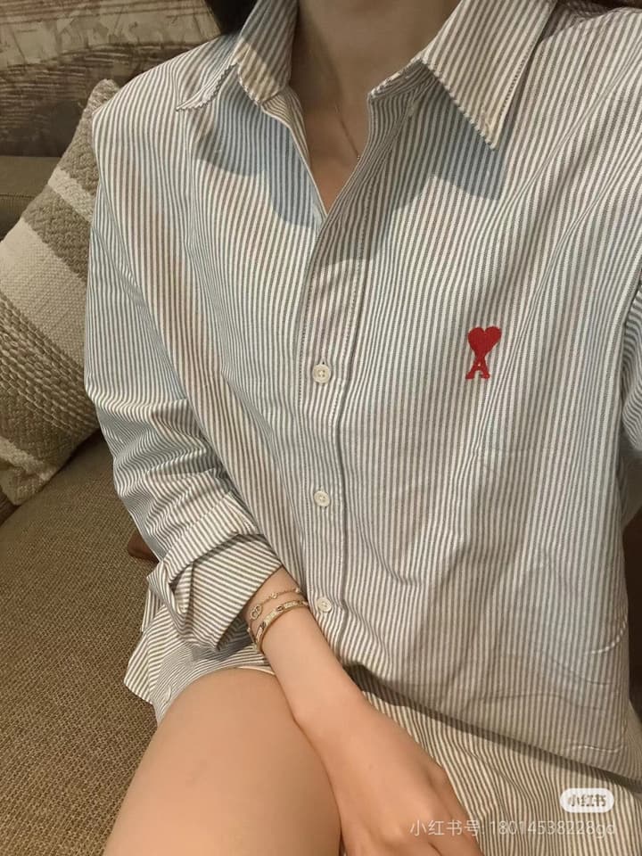AMI Paris Small Heart Embroidered Striped Long Sleeve Shirt in Blue Stripe