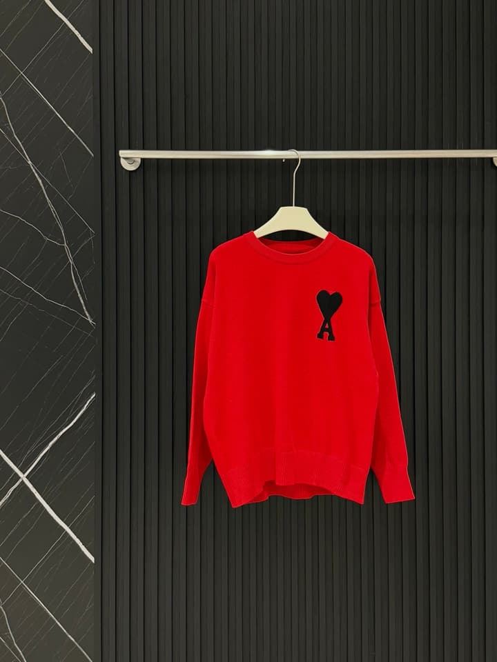 AMI Paris Heart Logo Knitted Sweater in Vibrant Red