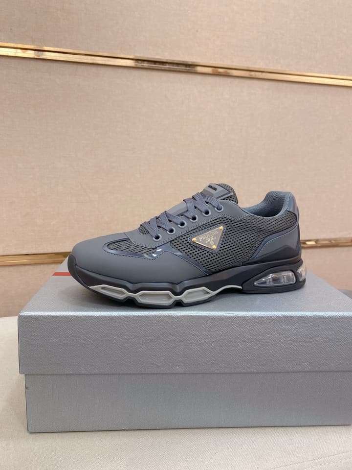 Prada Men's Leather Mesh Sneakers – New Collection in Light Grey With White Logo
