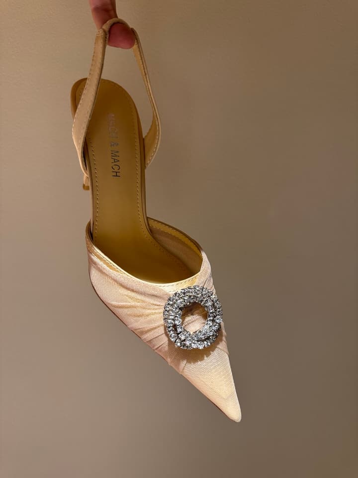 MACH & MACH Rhinestone Lace Heeled Sandals – 2025 Early Spring Collection in Cool Nude Black Cap Toe