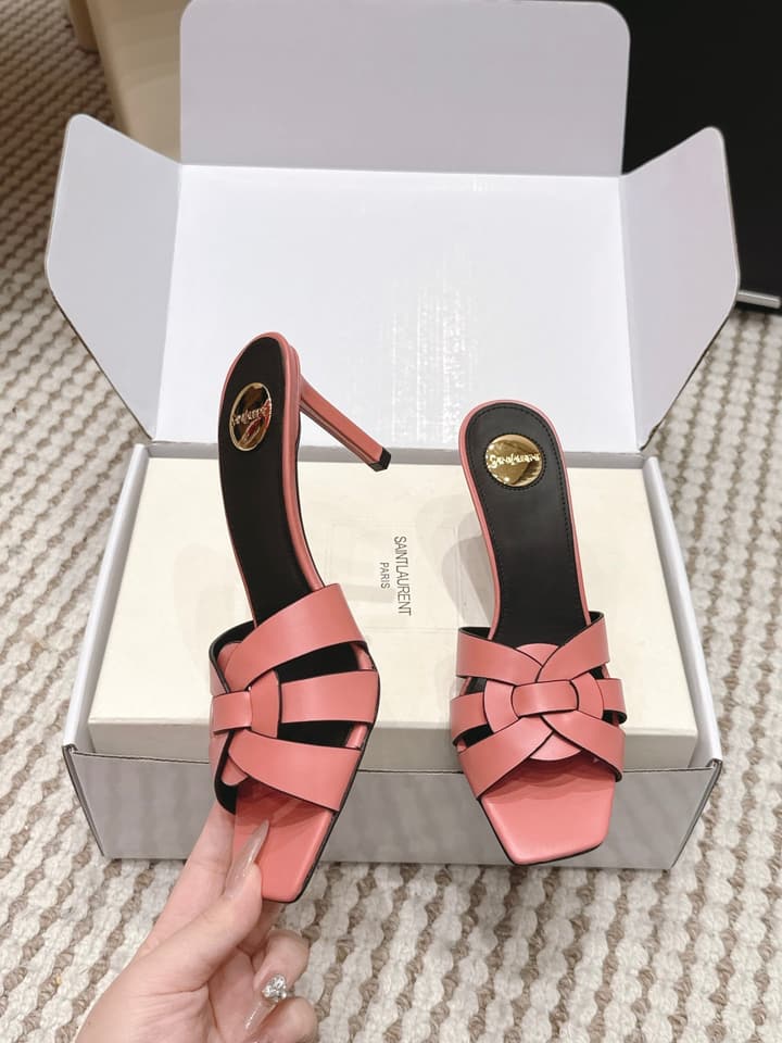 Saint Laurent Melody Square-Toe Heeled Sandals – 2026 Spring/Summer Collection in Beige Patent