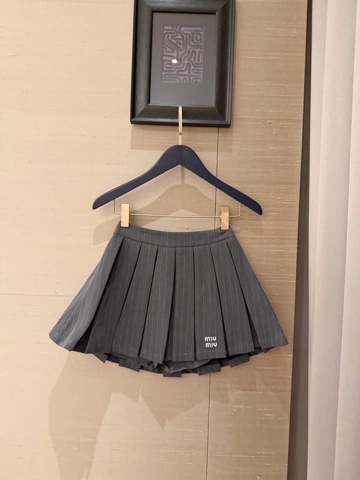 Miu Miu Embroidered Striped Vest & Pleated Skirt Set in Grey