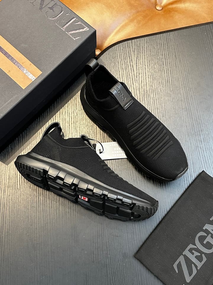 Zegna Techmerino Slip-On Sneakers in Dark Navy With Green Accent