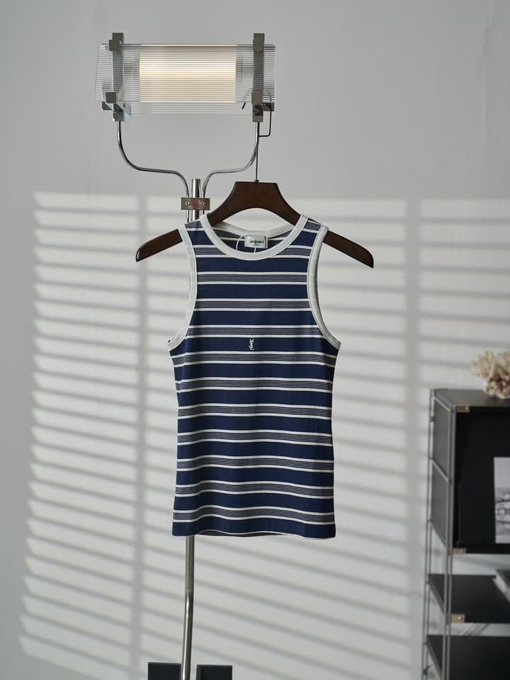 Saint Laurent YSL Embroidered Striped Tank Top in Navy Blue