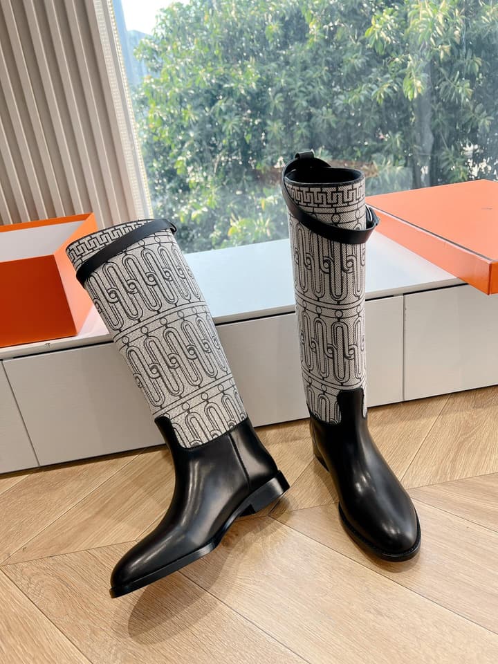 Hermès Jumping Canvas & Leather Knee-High Boots – 2024 Collection in Black