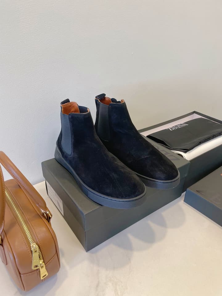 Zegna COUTURE Triple Stitch Leather Sneakers in Black Suede With Dark Sole