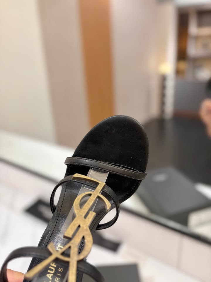 Saint Laurent YSL Logo Mirror Leather Heeled Sandals in Black With Black Logo