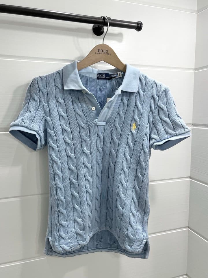 Ralph Lauren Pony Embroidered Cable-Knit Polo Shirt in Baby Blue