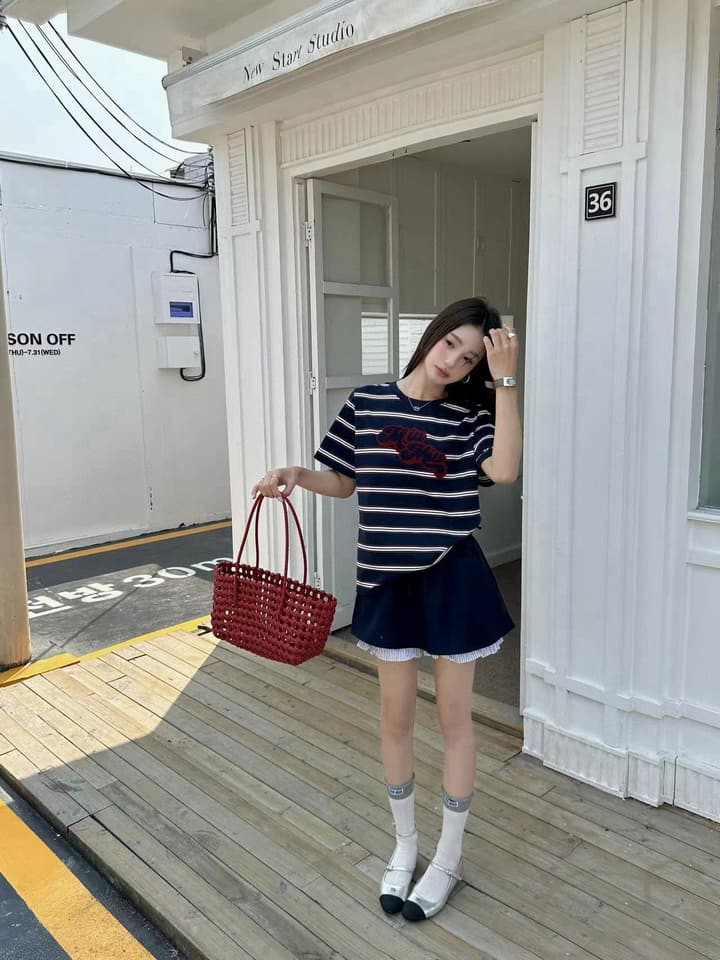 Miu Miu Embroidered Striped T-Shirt in Cream Striped