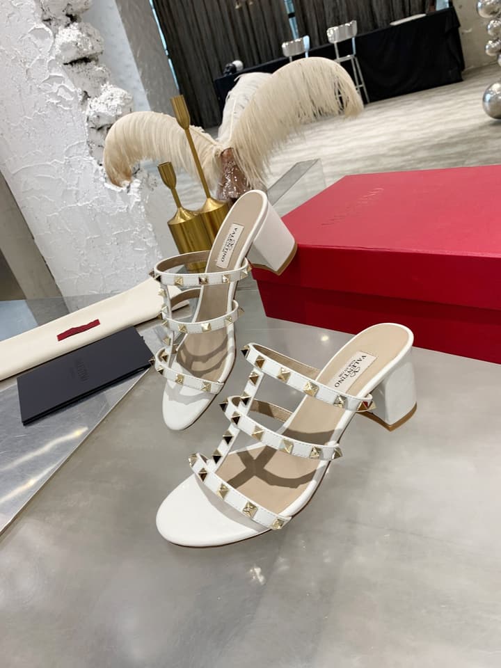 Valentino Rockstud Classic Block Heel Sandals in Nude With Gold Studs