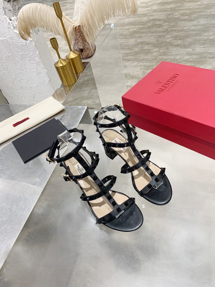 Valentino Studded Classic Block Heel Sandals in Black With Black Studs 6.5cm Heel