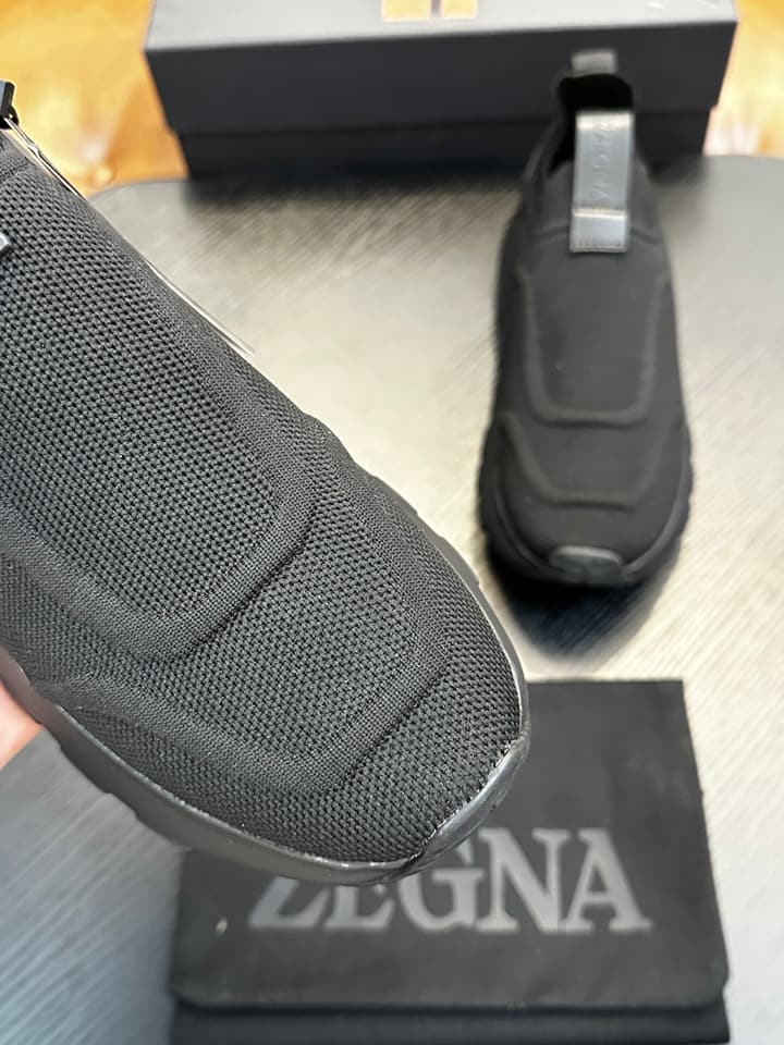 Zegna Techmerino Slip-On Sneakers in Dark Navy With Green Accent