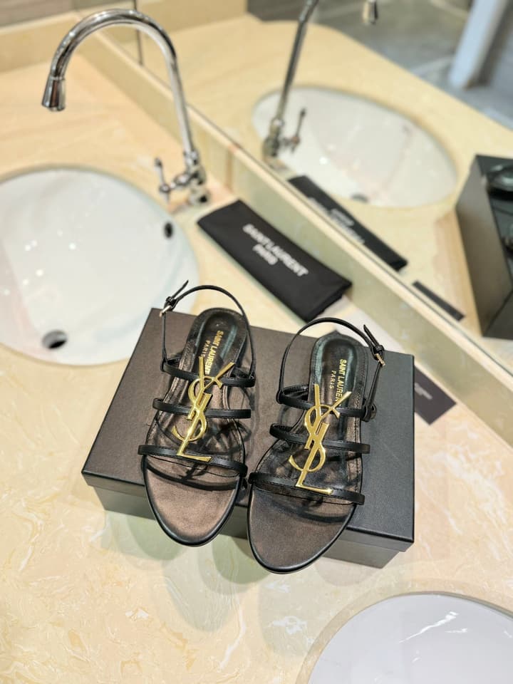 Saint Laurent YSL Metal Logo Heeled Sandals in Matte Black Criss-cross Strap Sandal