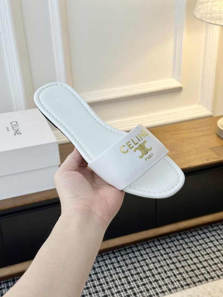 Celine Minimalist Triomphe Flat Sandals – Summer Collection in White