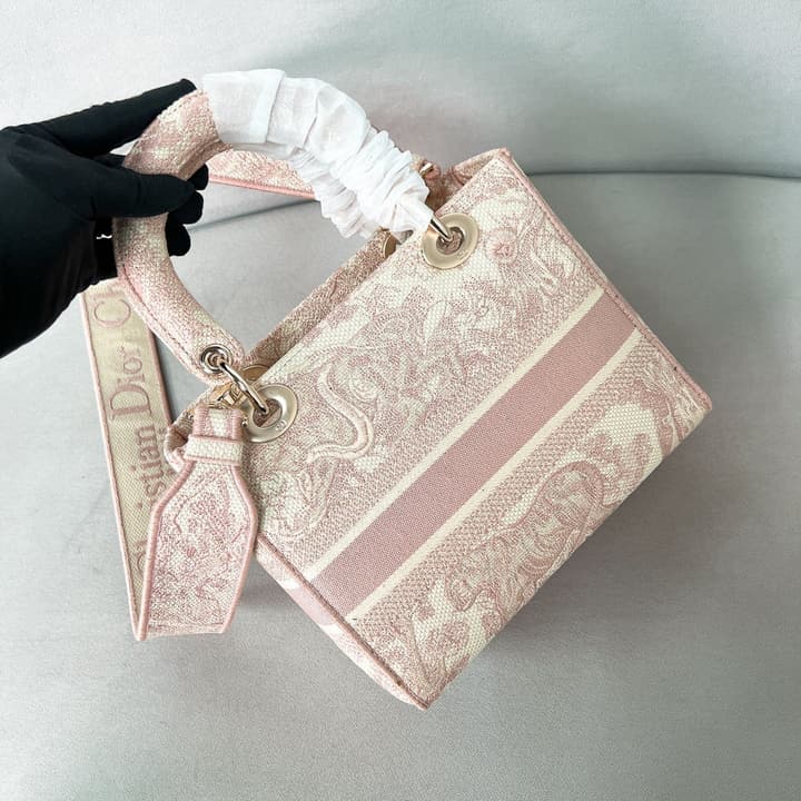 Dior Lady D-Lite Medium Shoulder Bag in Pink Embroidered Tiger