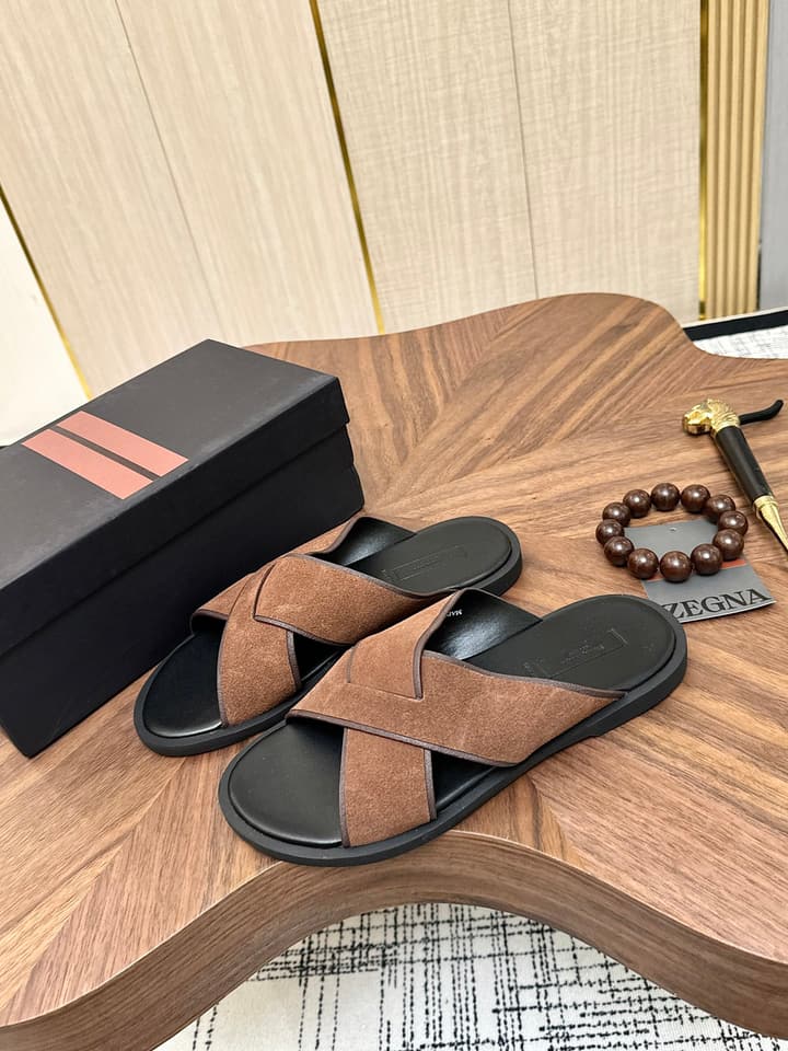 Zegna Men's Cross Strap Leather Slippers