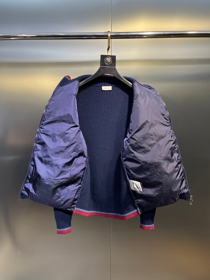 Moncler Knitted Patchwork Stand-Collar Jacket in Dark Brown