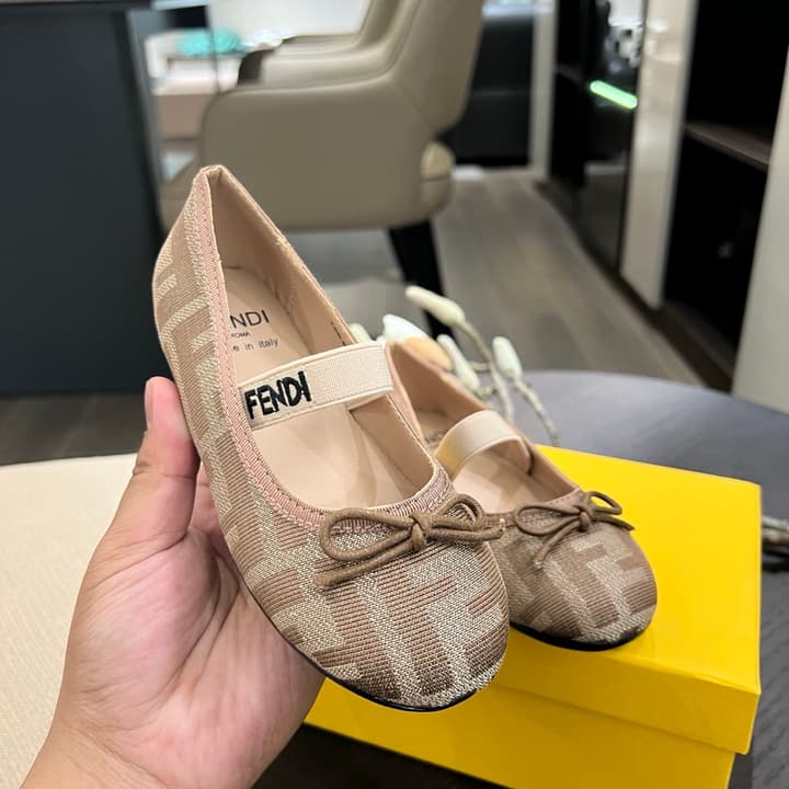 Fendi Girl's Double F Ballerina Flats – Kids Collection – 24SS in Black Monogram
