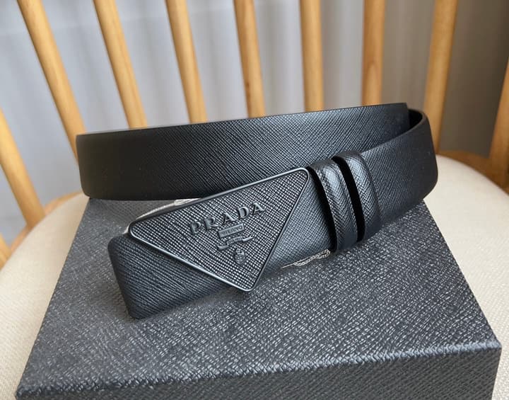 Prada Triangle Logo Buckle Belt in Black Textured Leather With Black Buckle