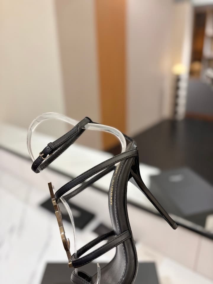 Saint Laurent YSL Logo Mirror Leather Heeled Sandals in Black With Black Logo