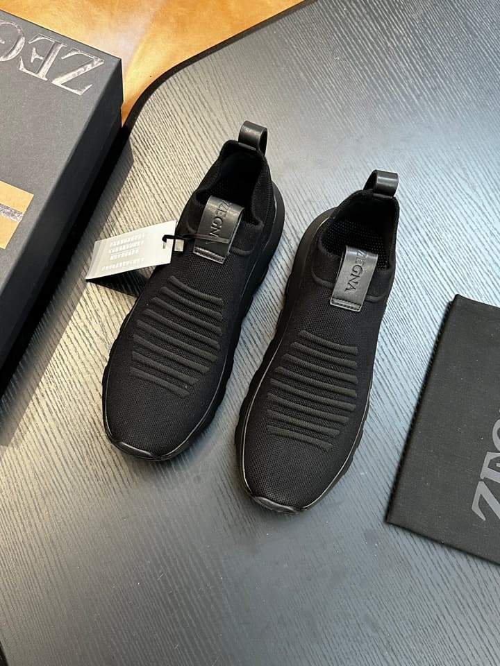 Zegna Techmerino Slip-On Sneakers in Dark Navy With Green Accent