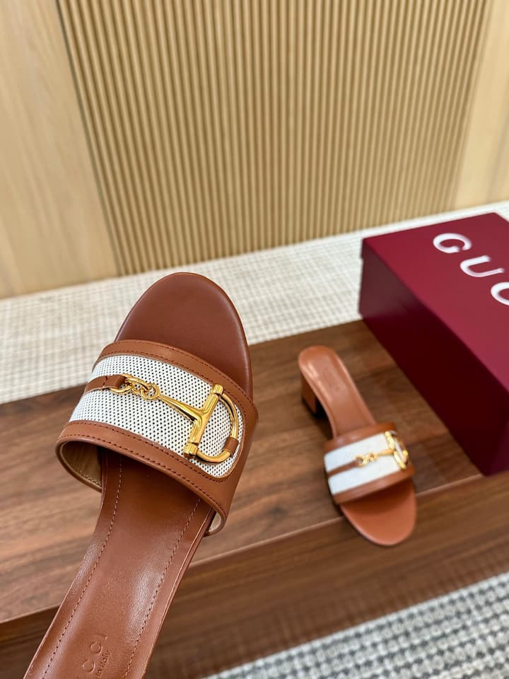 Gucci D-Horsebit Mule Sandals in Brown Gg Canvas