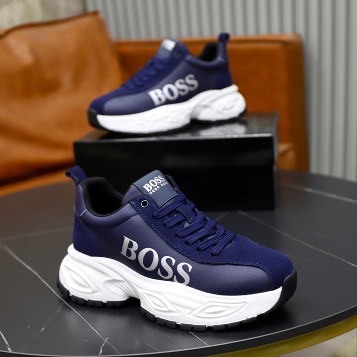 Boss Men's Luxury Running Sneakers in Black Mesh With White Sole