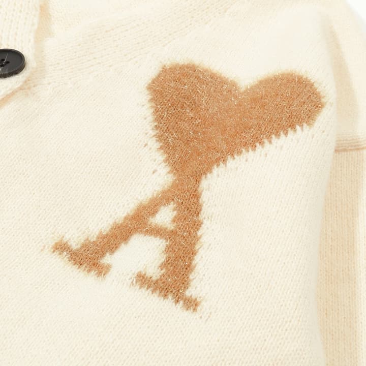 AMI Paris Holiday Limited Gold Heart Jacquard Cardigan – 24FW in Cream Gold Heart Cardigan