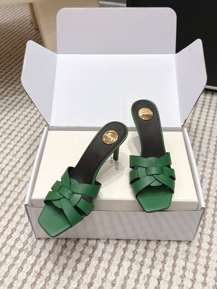 Saint Laurent Melody Square-Toe Heeled Sandals – 2026 Spring/Summer Collection in Beige Patent