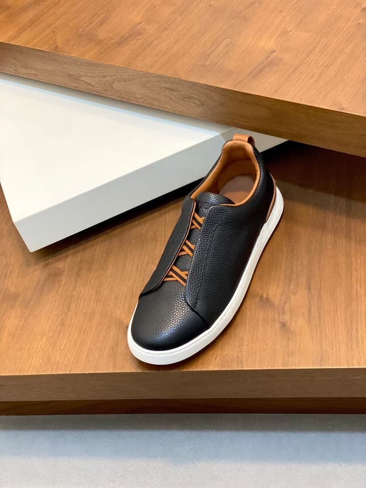 Ermenegildo Zegna Triple Stitch Sneakers in Black Leather With Brown Tag