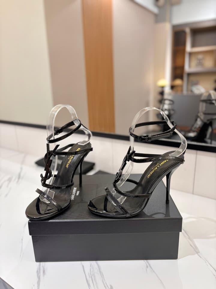 Saint Laurent YSL Logo Mirror Leather Heeled Sandals in Black With Black Logo