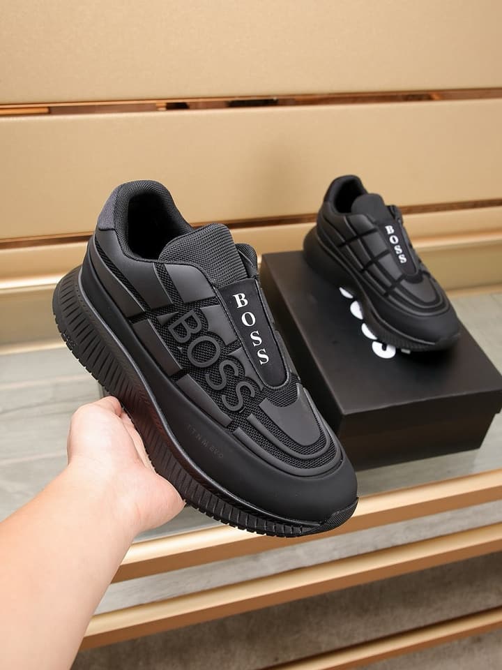 Boss New Men's Luxury Athletic Sneakers in Black With White Detail