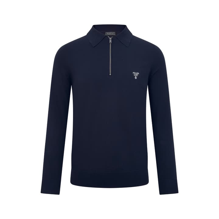 Prada Embroidered Zipper Long-Sleeve Polo Shirt