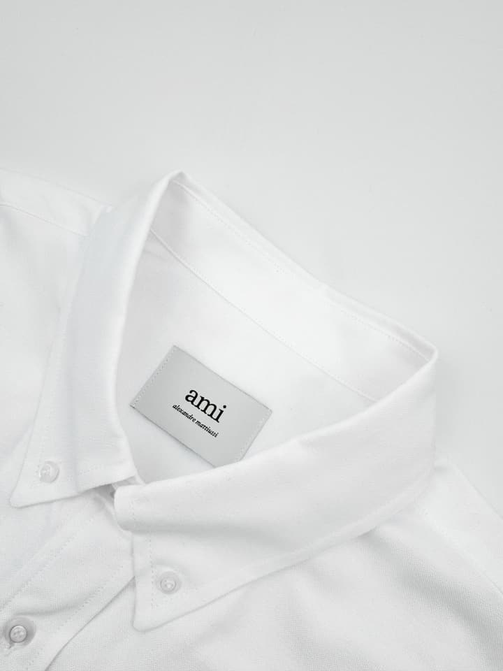 Ami Paris Heart Embroidered Boxy Oxford Shirt in White With Red Heart