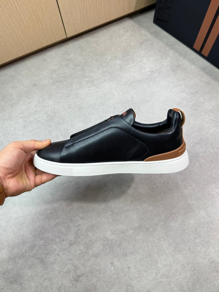 Zegna Triple Stitch Nappa Leather Slip-On Sneakers in Black