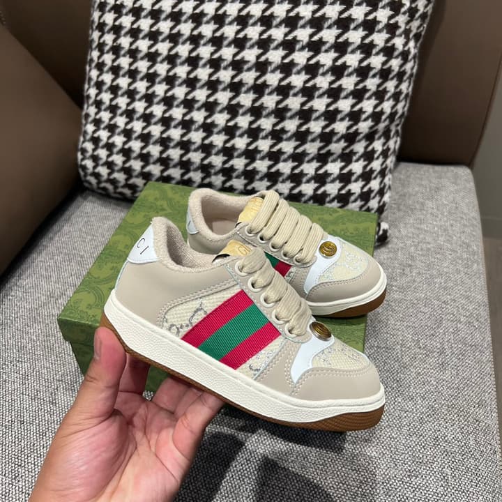 Gucci Rhyton Distressed Kids' Sneakers – Kids Collection – 2023SS in Cream With Blue Flower Design