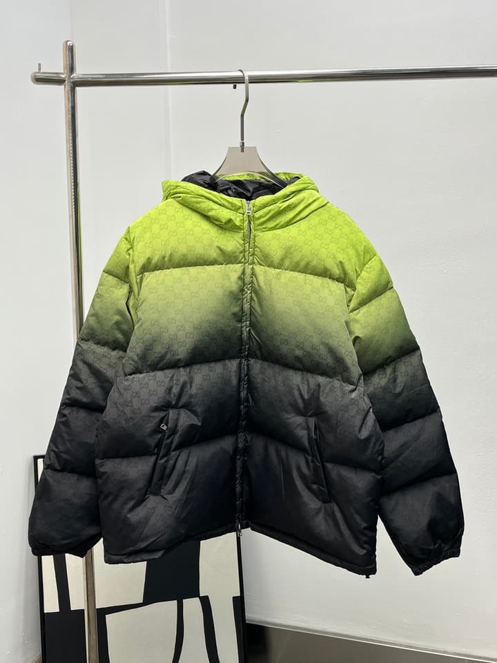 Gucci Jacquard Gradient Hooded Down Jacket in Bright Blue Navy Gradient