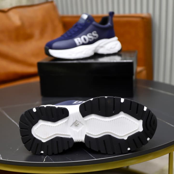 Boss Men's Luxury Running Sneakers in Black Mesh With White Sole