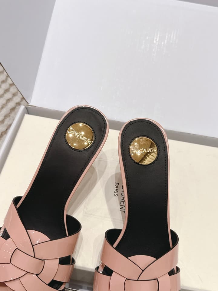 Saint Laurent Melody Square-Toe Heeled Sandals – 2026 Spring/Summer Collection in Beige Patent