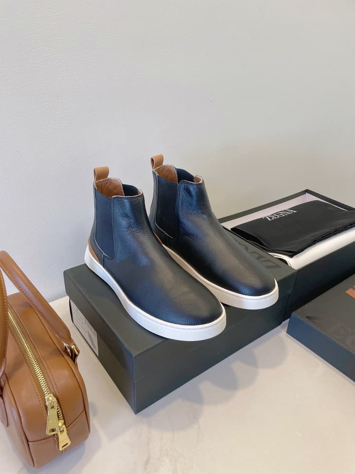 Zegna COUTURE Triple Stitch Leather Sneakers in Black Suede With Dark Sole
