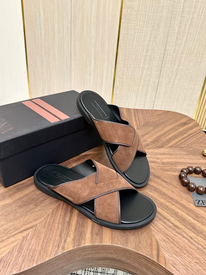 Zegna Men's Cross Strap Leather Slippers