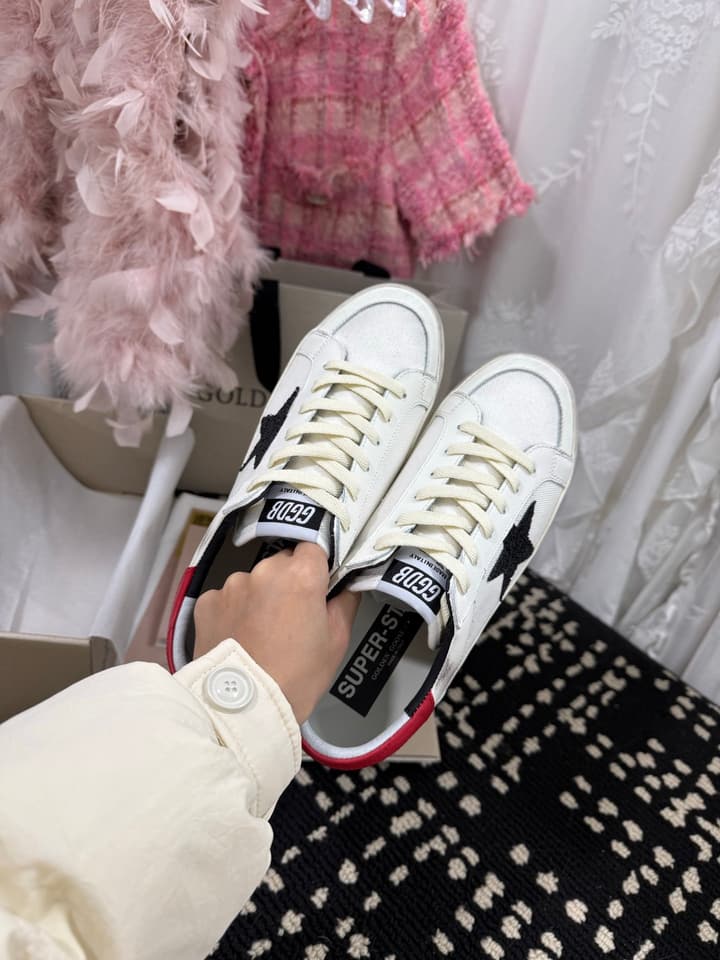 Golden Goose Super Star Rhinestone Leather Sneakers in Grey Suede Black Leather White Star