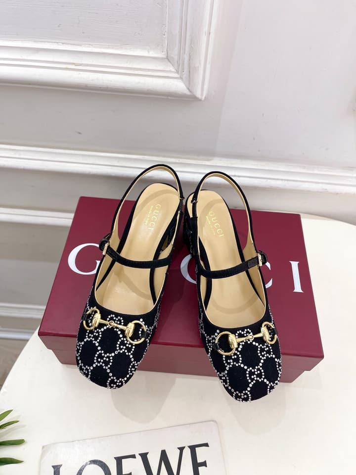 Gucci Classic Horsebit Rhinestone Slingback Sandals – 25SS in Black Monogram Rhinestone