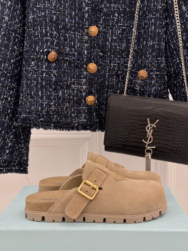 Prada Triangle Logo Birkenstock Slippers – Spring/Summer Collection in Black Suede