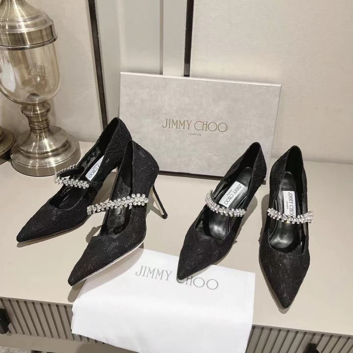 Jimmy Choo Crystal-Embellished Patent Leather Pumps in Black Lace