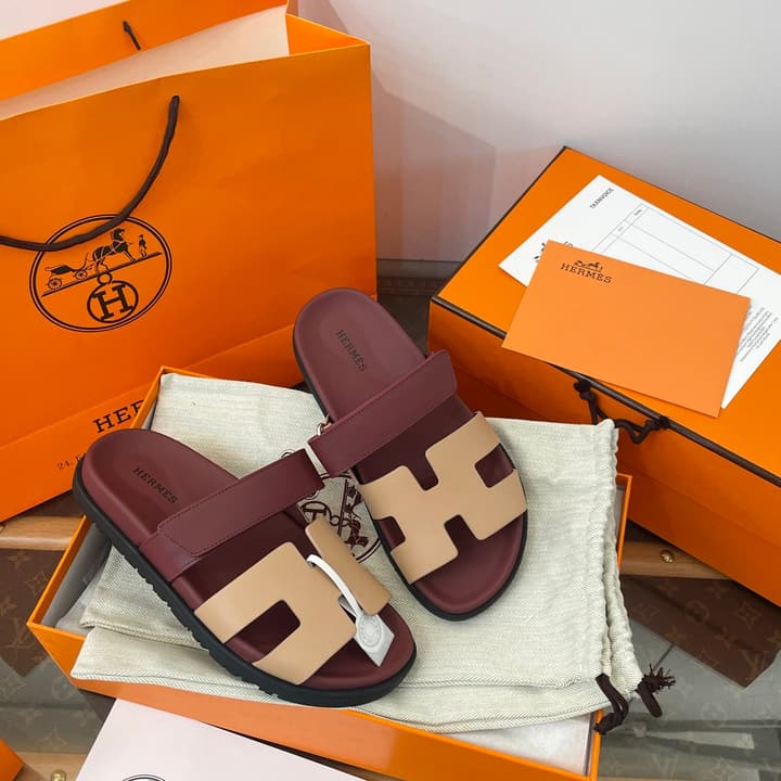 Hermès Chypre Suede Sandals in Burgundy And Beige