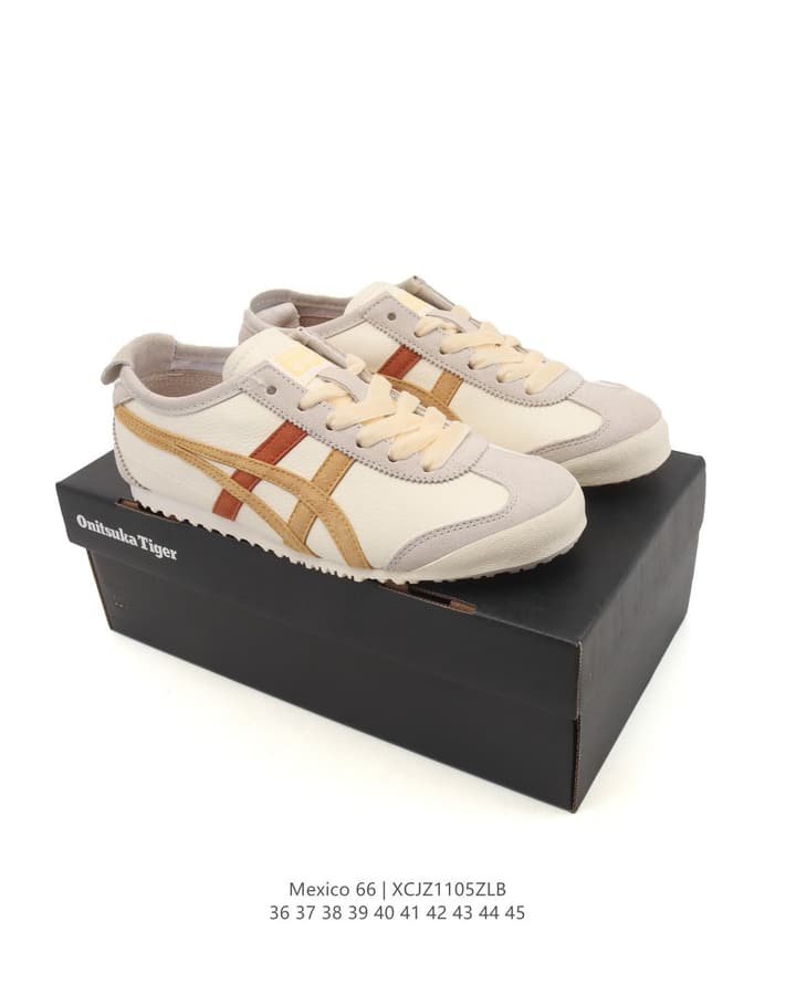 Onitsuka Tiger Mexico 66 Slip-On Sneakers in Cream With Tan And Terracotta Stripes